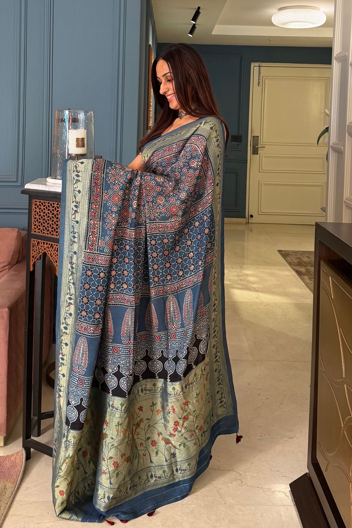 Handblocked Ajrakh with Paithani weave on pure modal saree!!