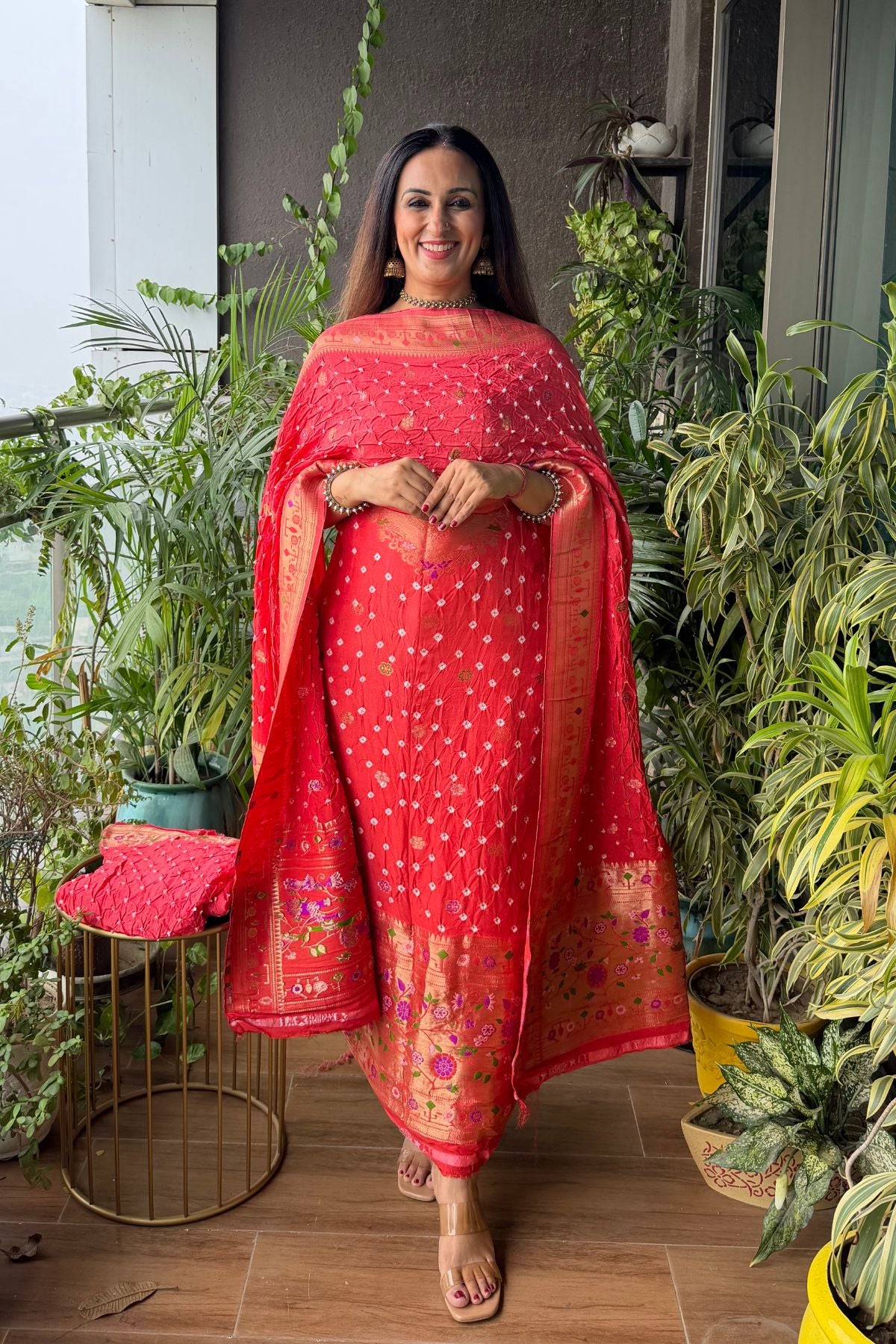 Pure gaji silk full set with hand done bandhani and zari weaving!!