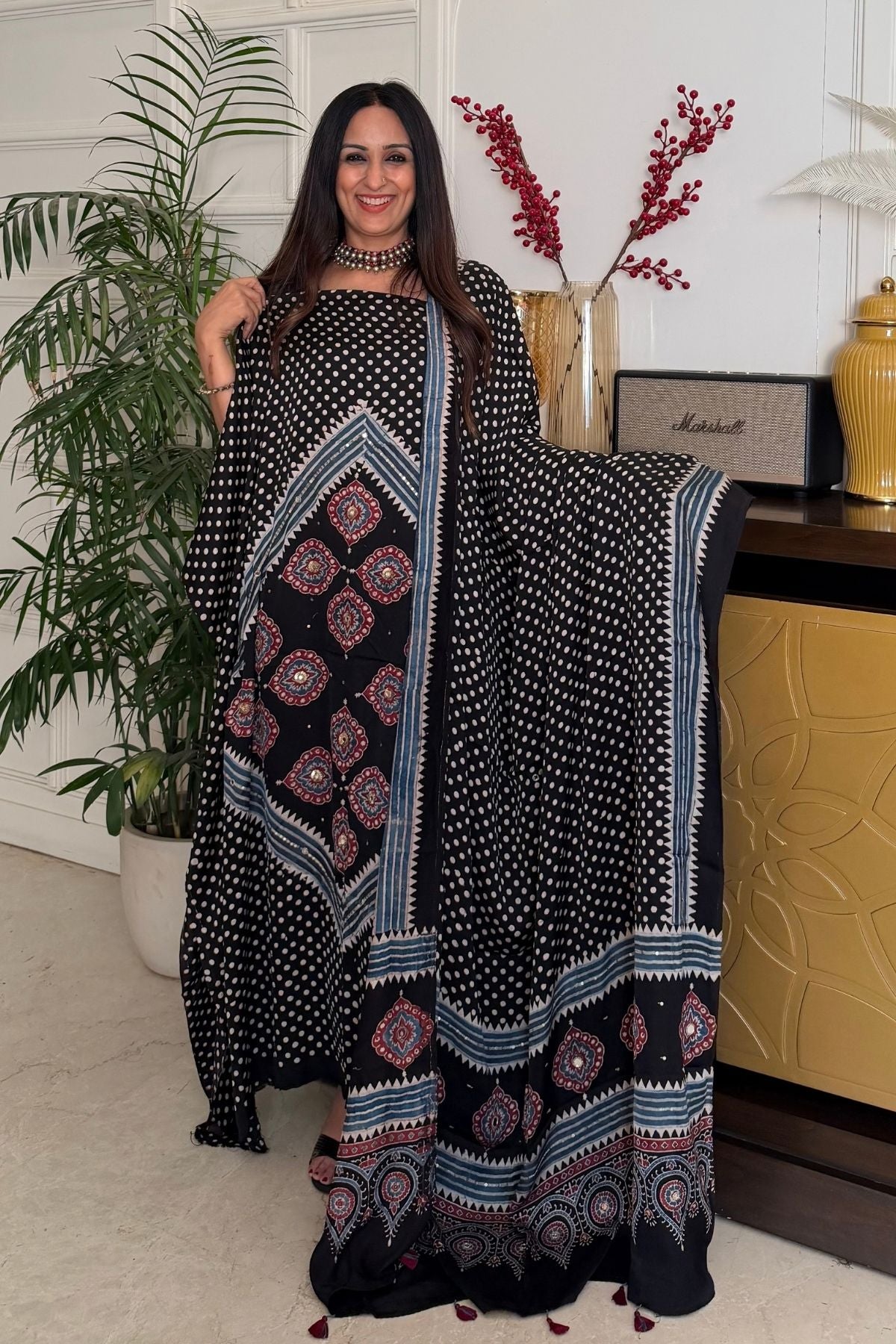Handblocked Ajrakh kurta dupatta set with very intricate hand embroidery!!