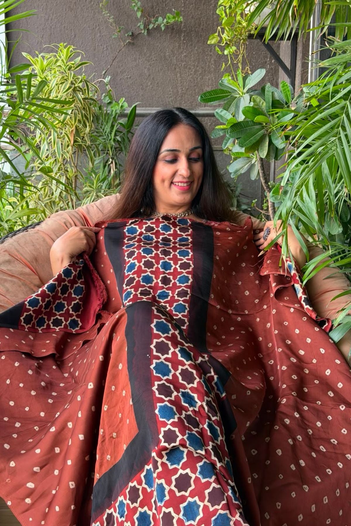 Handblocked Ajrakh Bandhani modal kurta fabric!!!