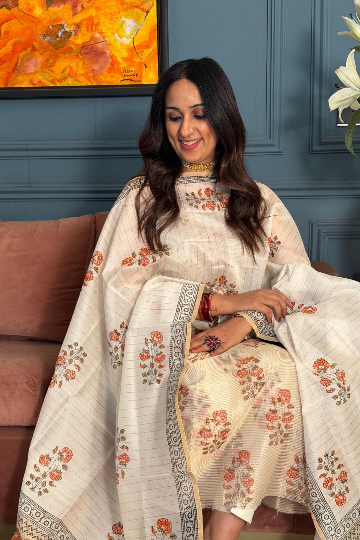 Handblocked Maheshwari kurta dupatta set!!