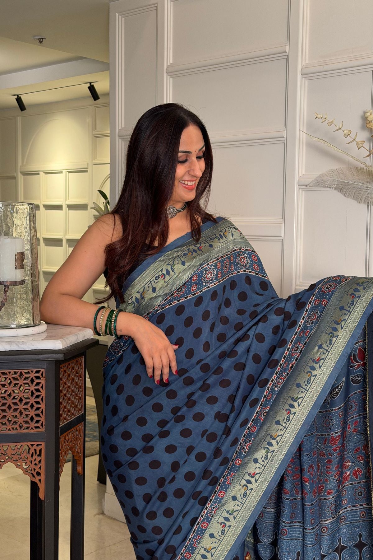 Handblocked Ajrakh with Paithani weave on pure modal saree!!
