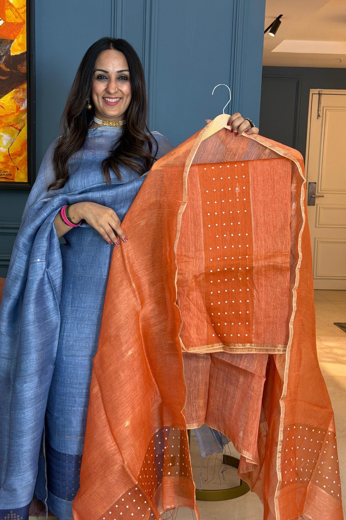 Handwoven with fine sequins Pure Linen kurta dupatta sets!!