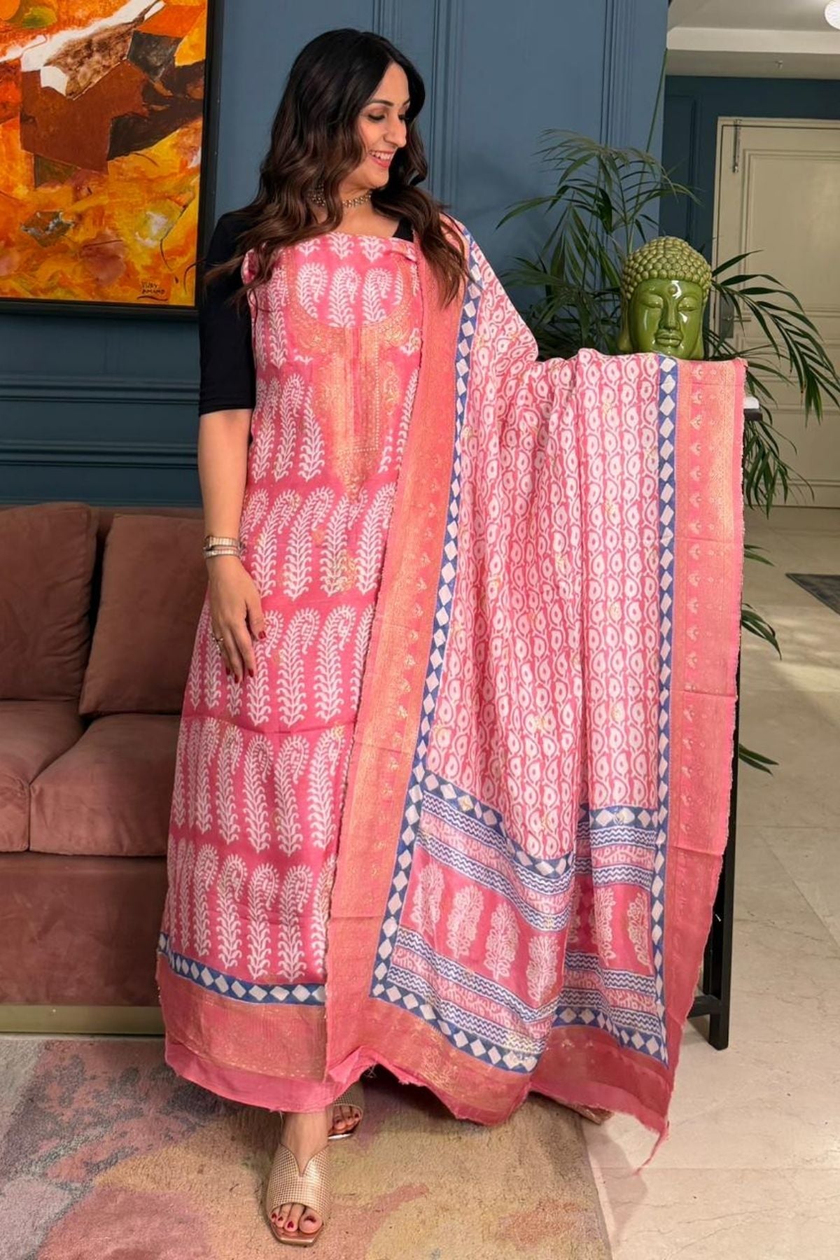 Handblocked Bagh indigo sets on Dola Silk