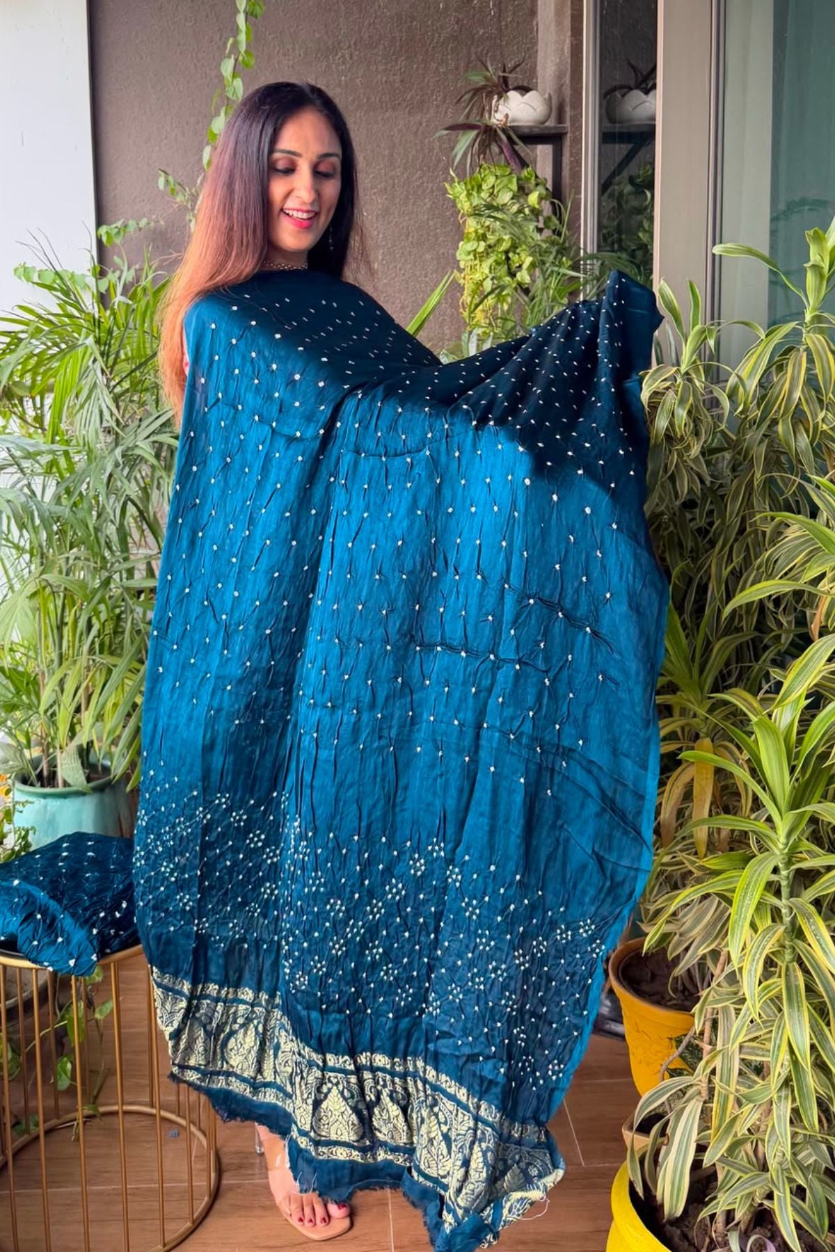 Pure modal silk full set with hand done bandhani and zari weaving!!
