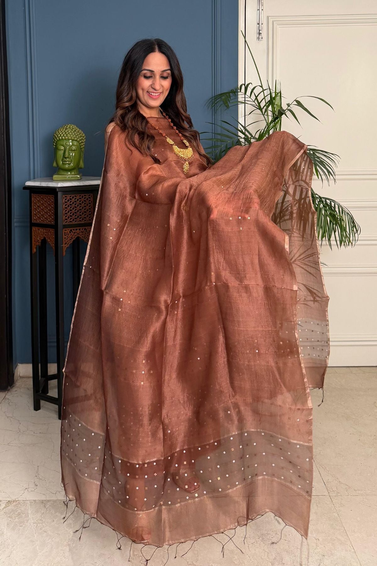 Pure tussar silk kurta dupatta set with handwoven sequence work