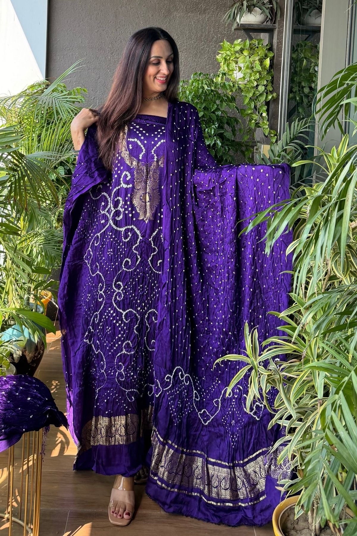 Pure modal silk full set with hand done bandhani and zari weaving!!