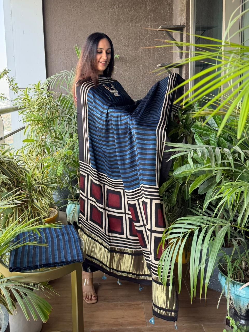 Handblocked Ajrakh full sets in modal with Lagdi patta on dupatta!!