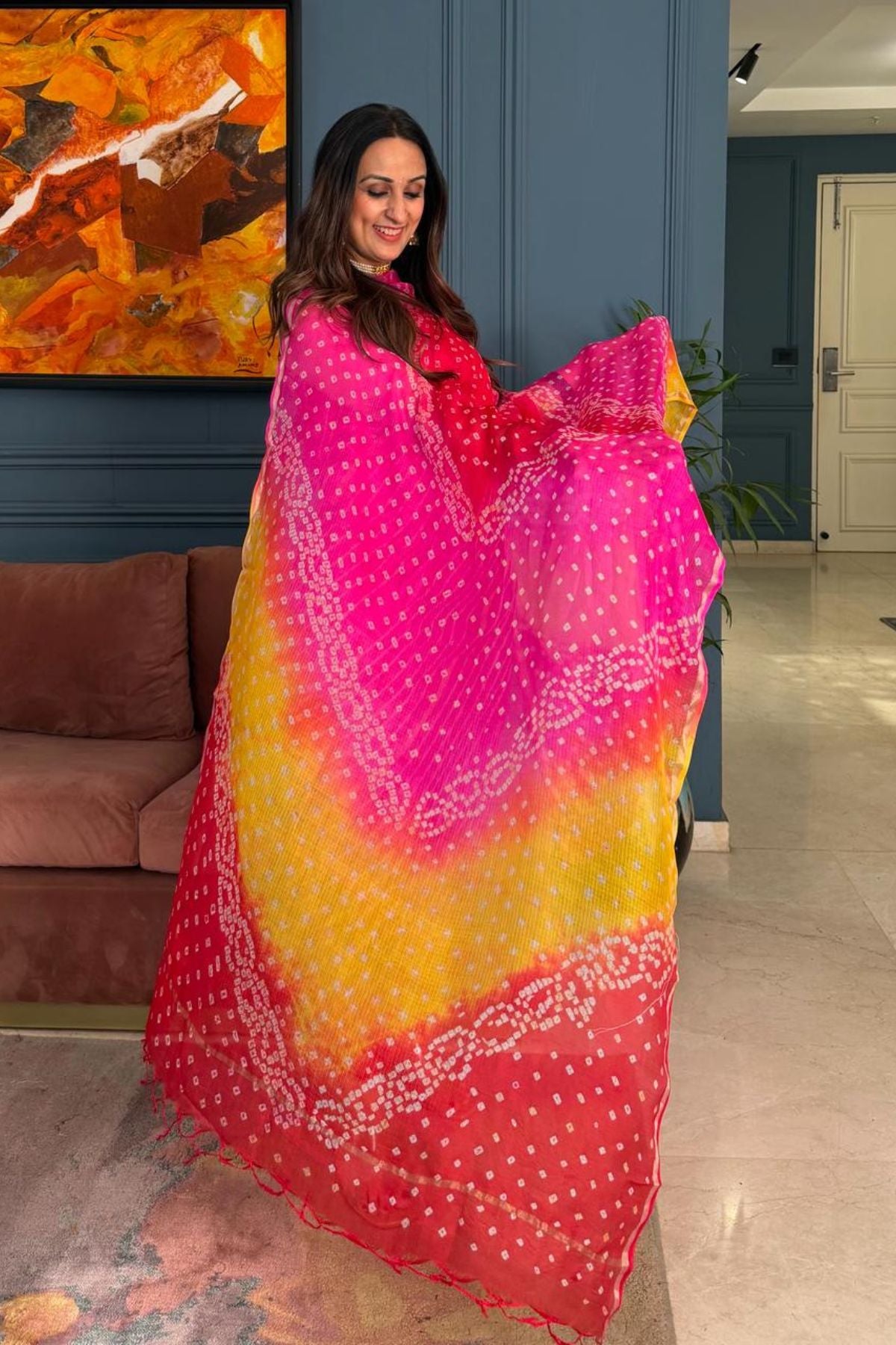 Summer friendly Kota silk kurta dupatta sets with hand done BANDHANI and leheriya