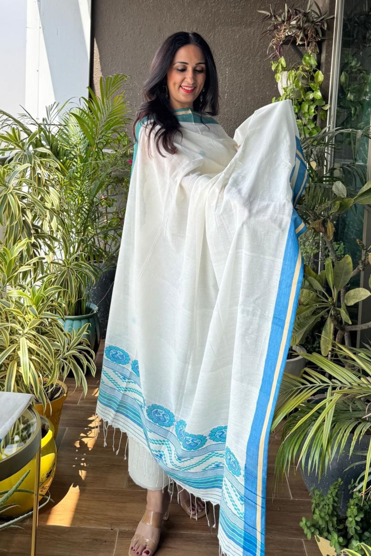 Baluchari and Jamdani weave full suit set on mercerised cotton