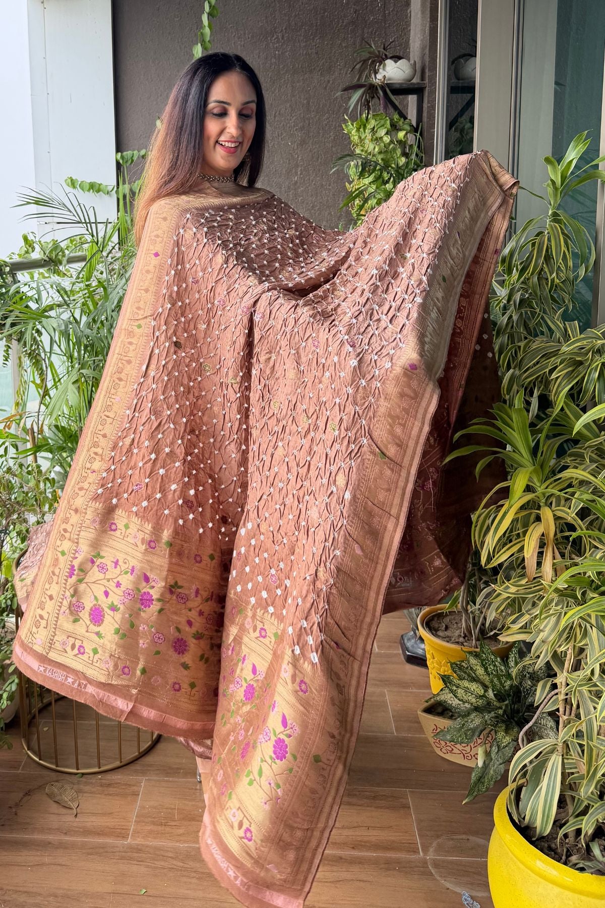 Pure gaji silk full set with hand done bandhani and zari weaving!!