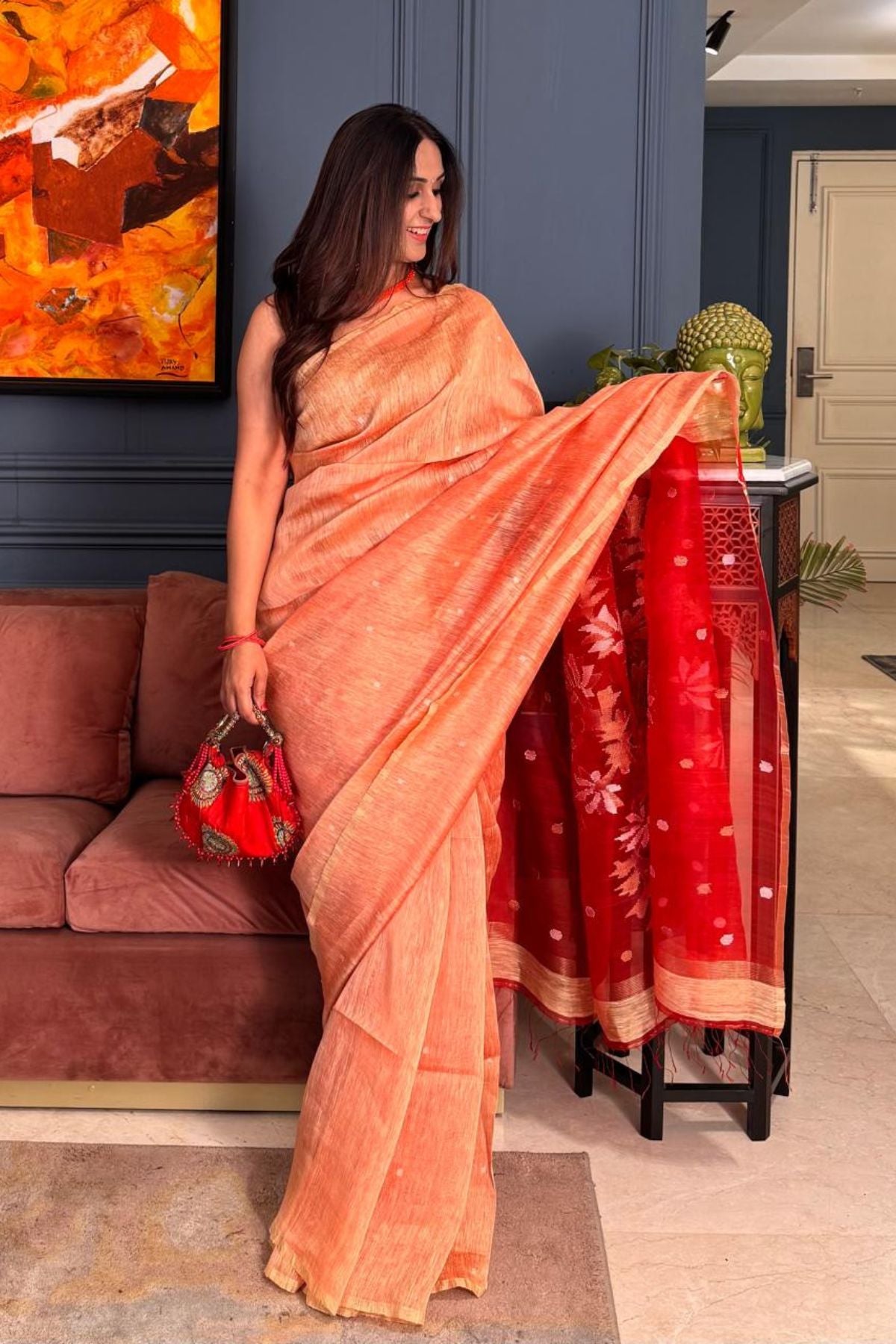 Handwoven Pure Silk linen saree with Jamdani weave