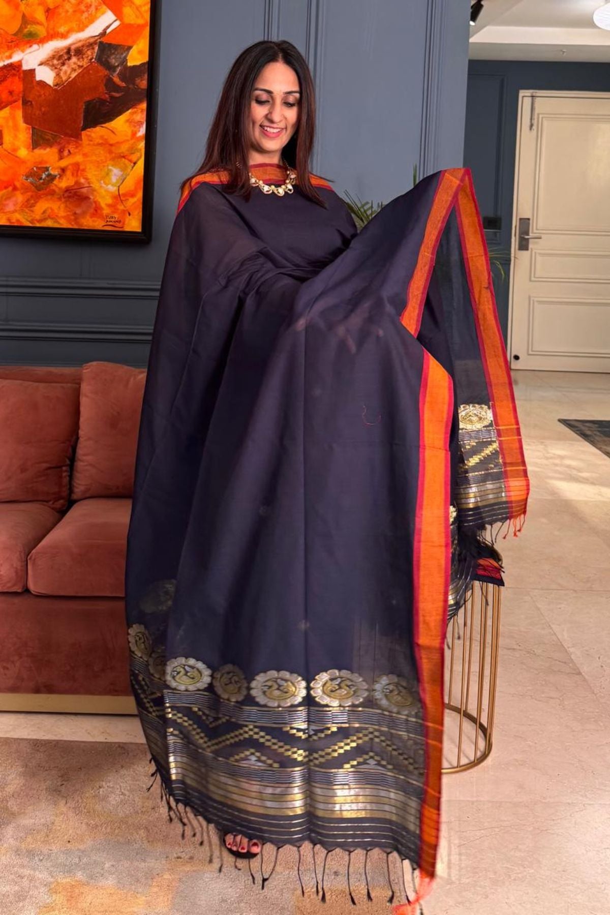 Baluchari and Jamdani weave navy blue full suit set on mercerised cotton