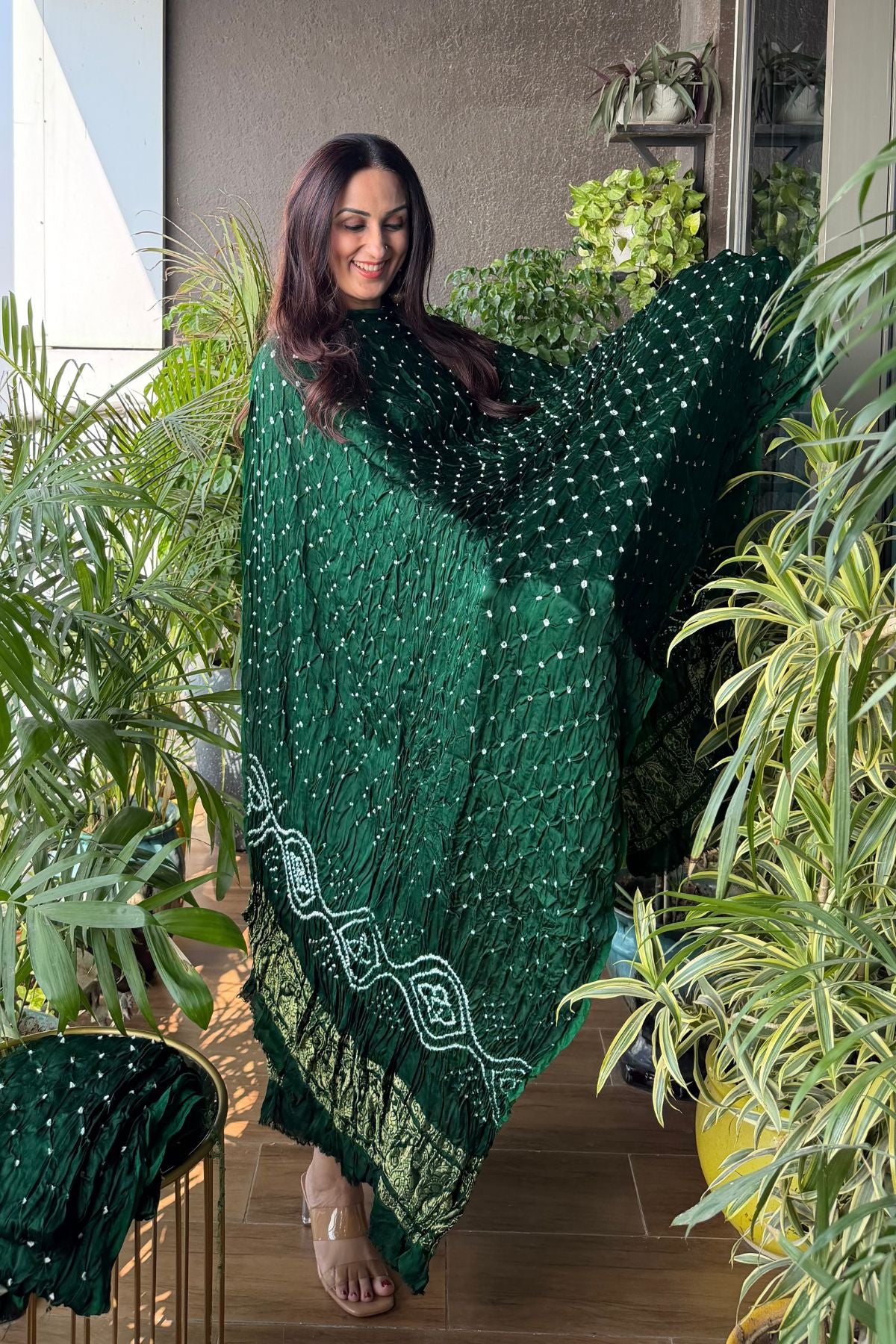 Pure modal silk full set with hand done bandhani and zari weaving!!