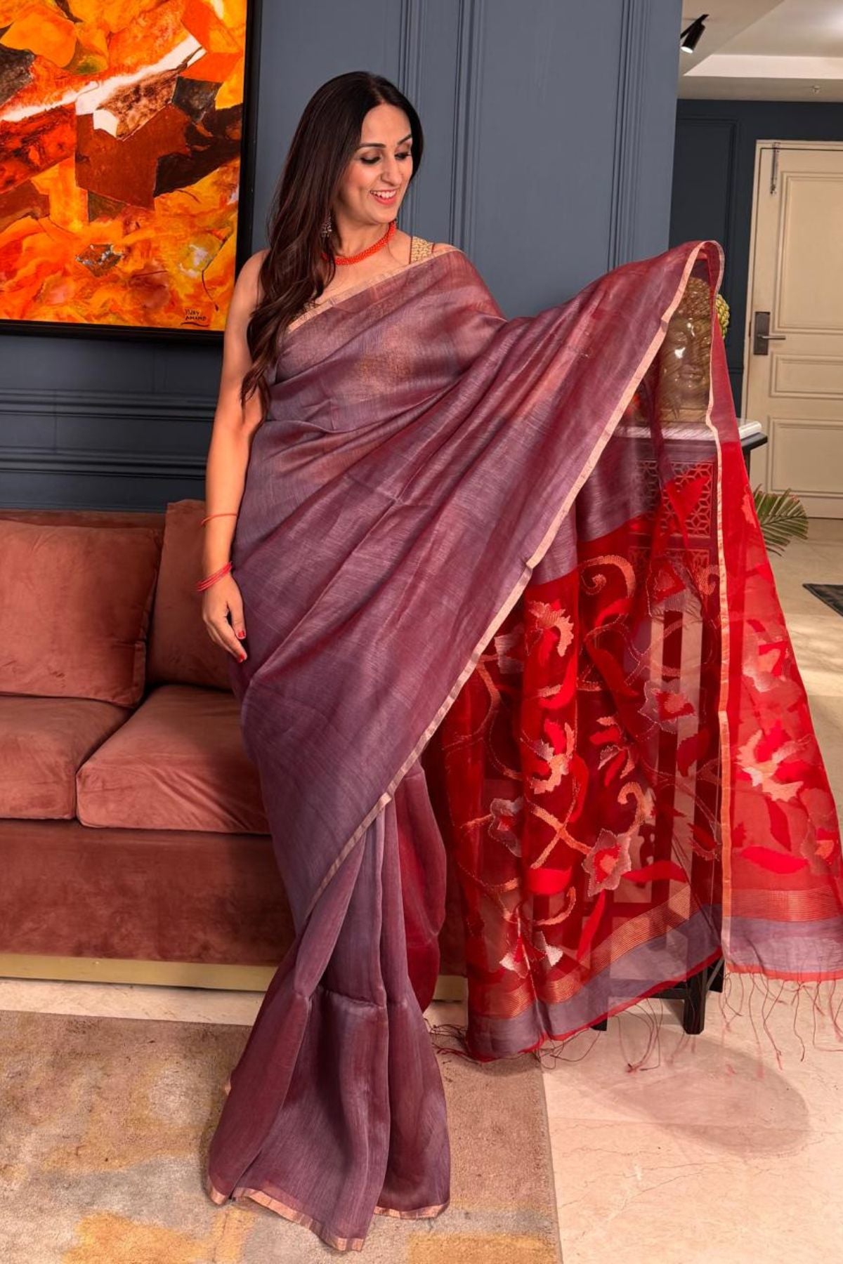 Handwoven Pure Silk linen saree with Jamdani weave