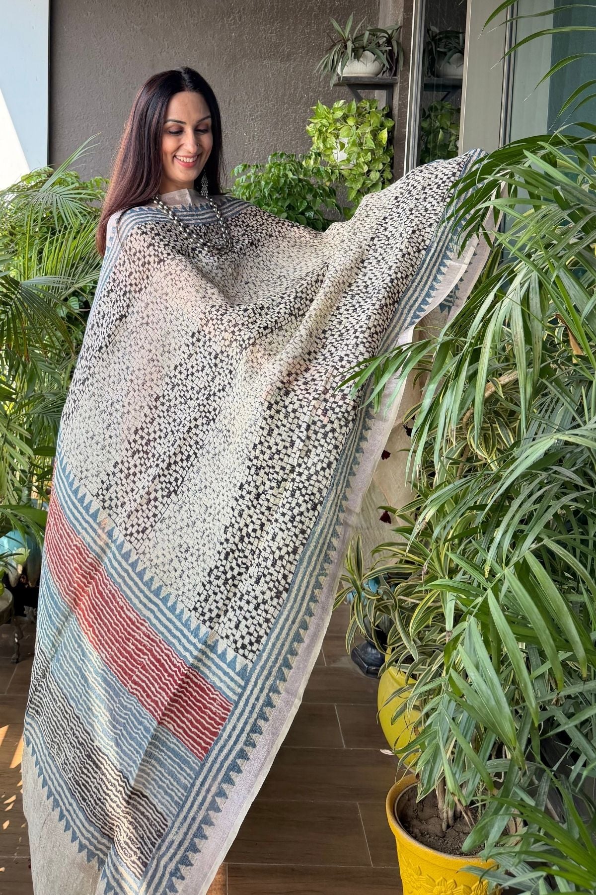 Ajrakh On Pure Linen Silk
