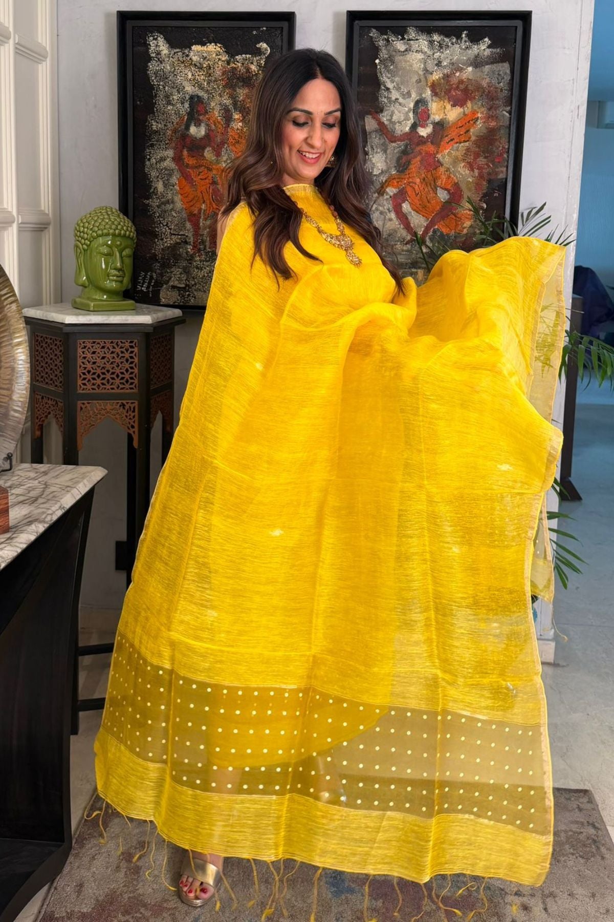 Linen silk handwoven kurta dupatta set