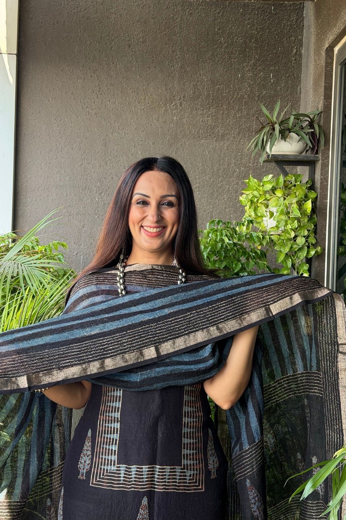 Ajrakh On Pure Linen Silk