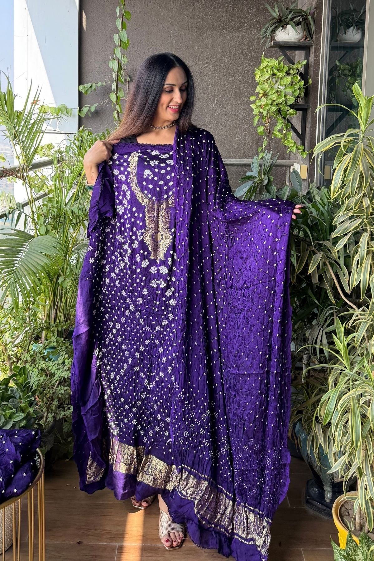 Pure modal silk full set with hand done bandhani and zari weaving!!