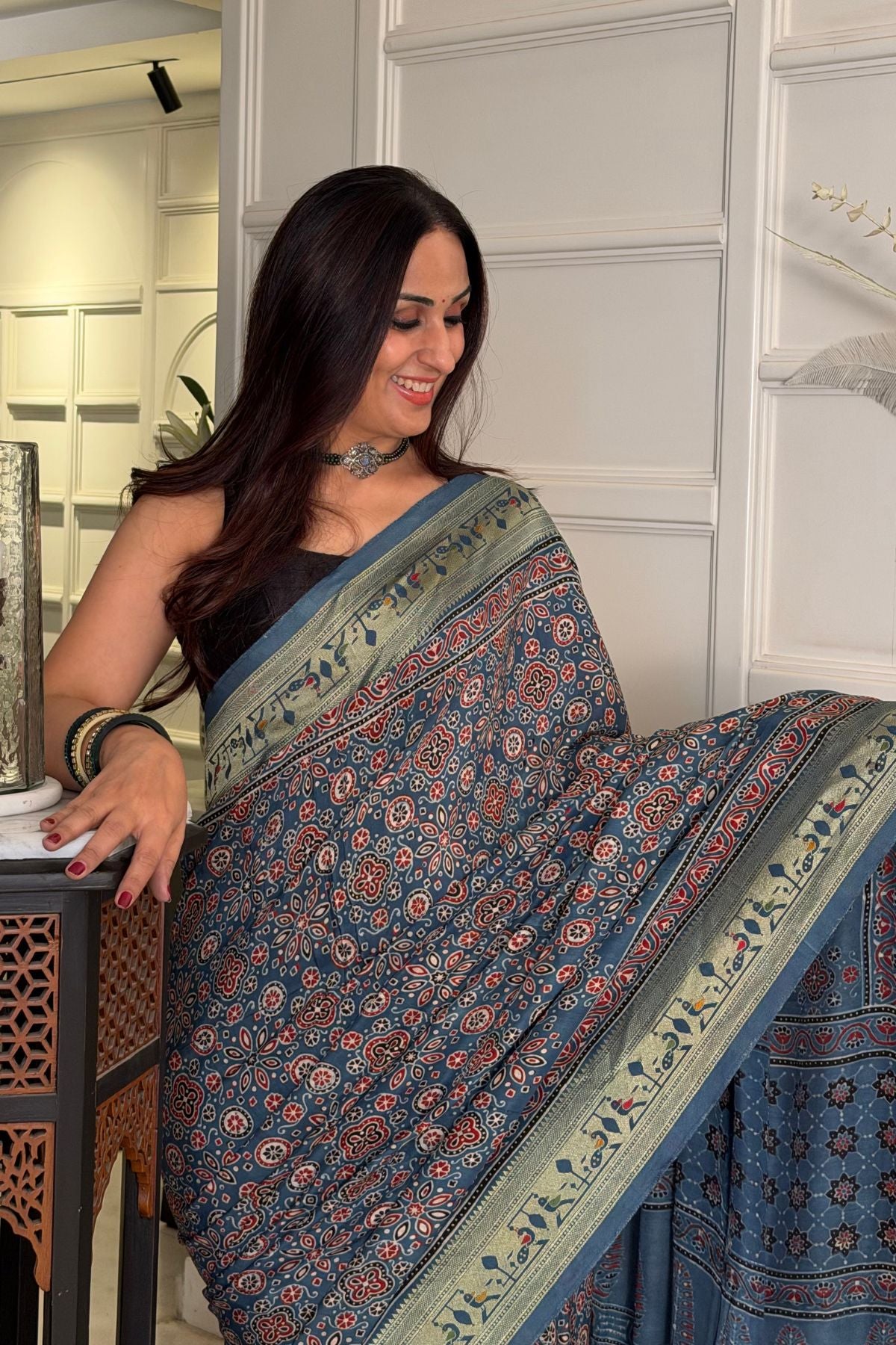 Handblocked Ajrakh with Paithani weave on pure modal saree!!