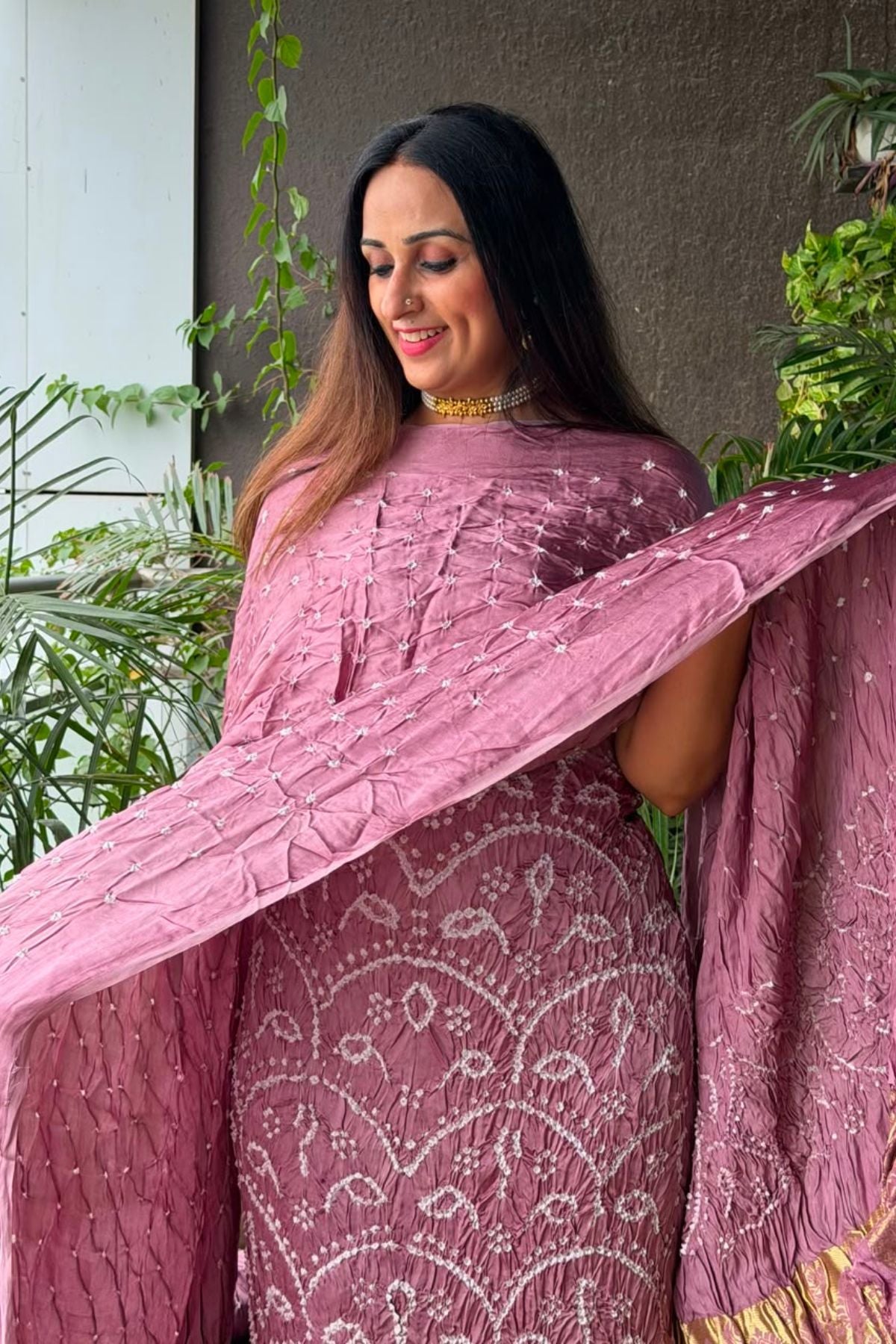Pure modal silk full set with hand done bandhani and zari weaving!!