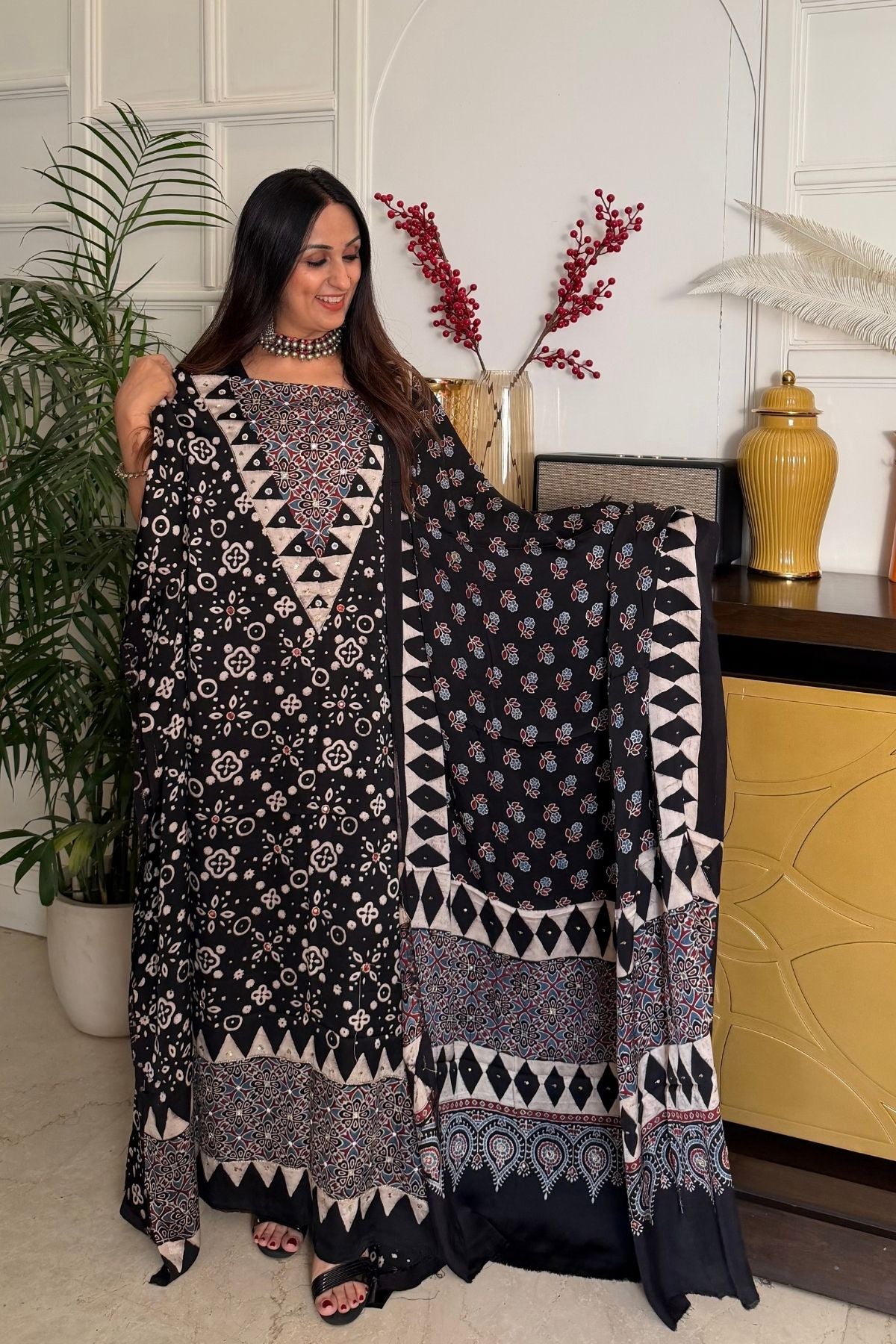 Handblocked Ajrakh kurta dupatta set with very intricate hand embroidery!!