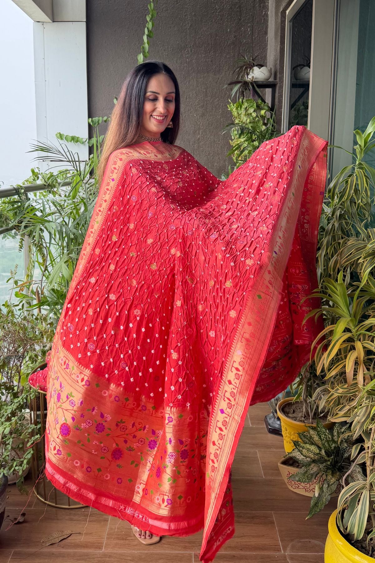 Pure gaji silk full set with hand done bandhani and zari weaving!!