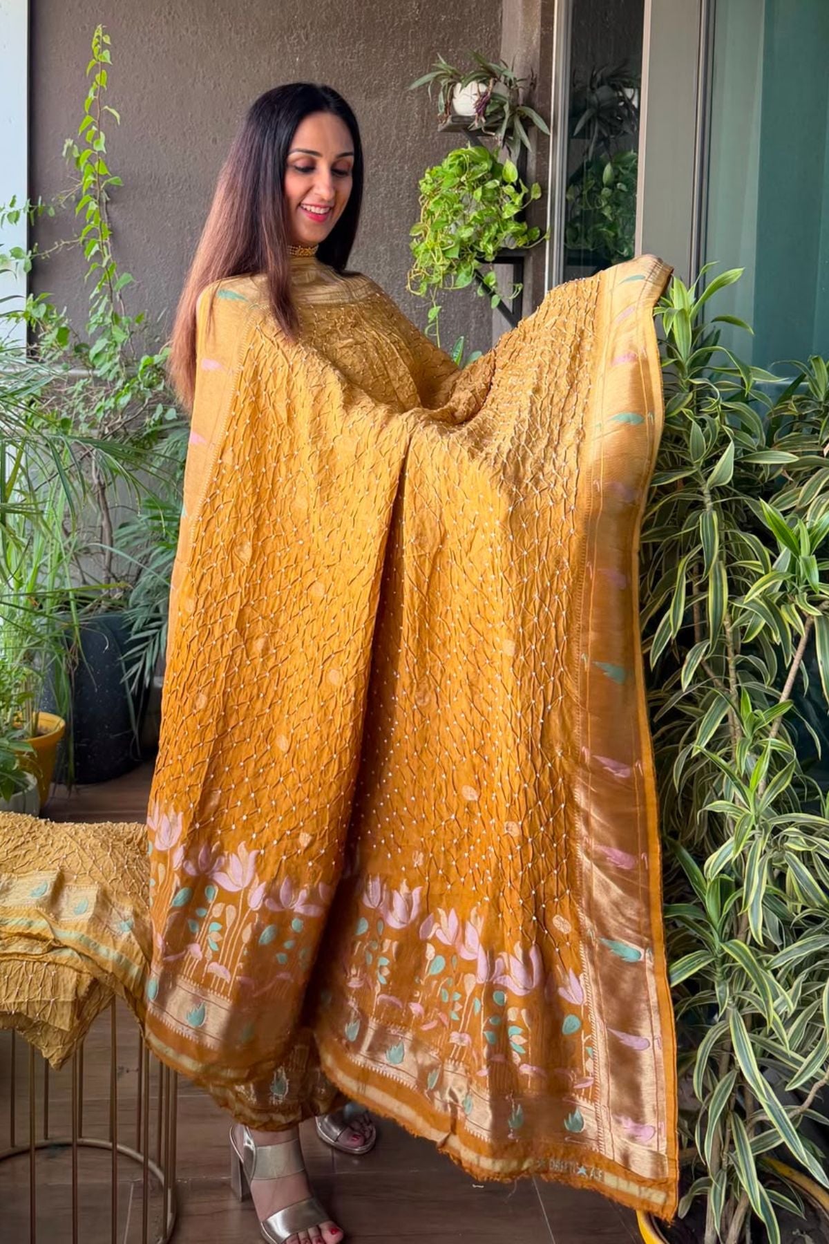 Pure gaji silk full set with hand done bandhani and zari weaving!!