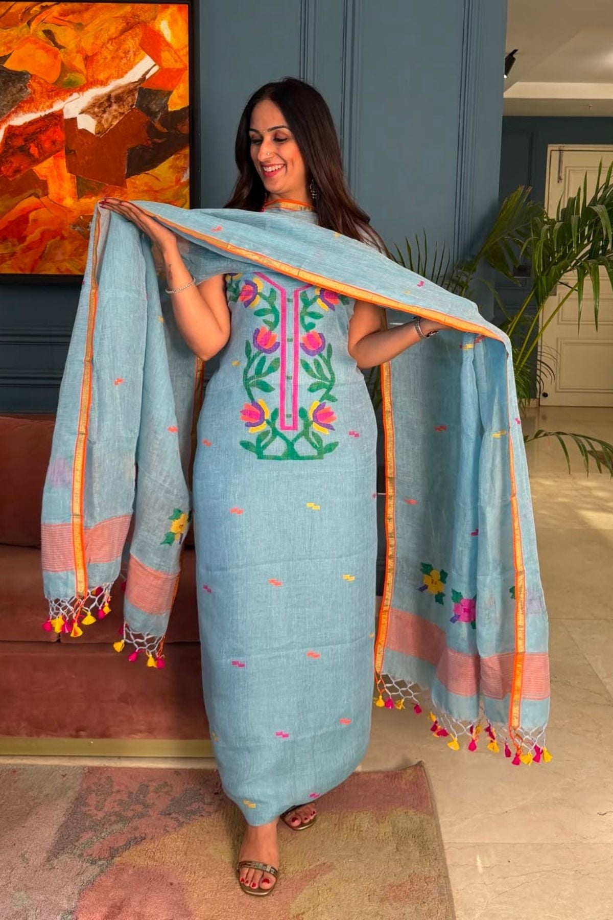Jamdani weave kurta dupatta set on 100 count linen by linen!!