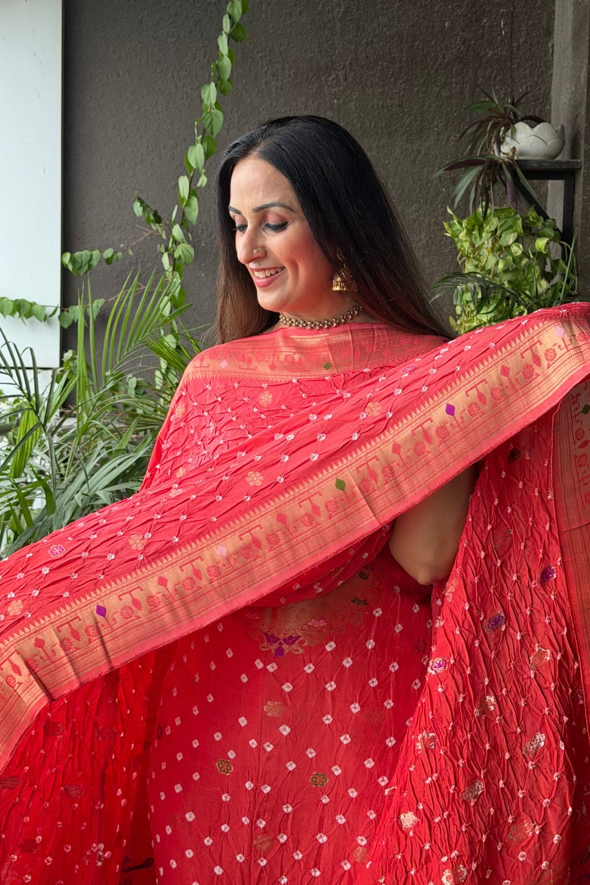 Pure gaji silk full set with hand done bandhani and zari weaving!!
