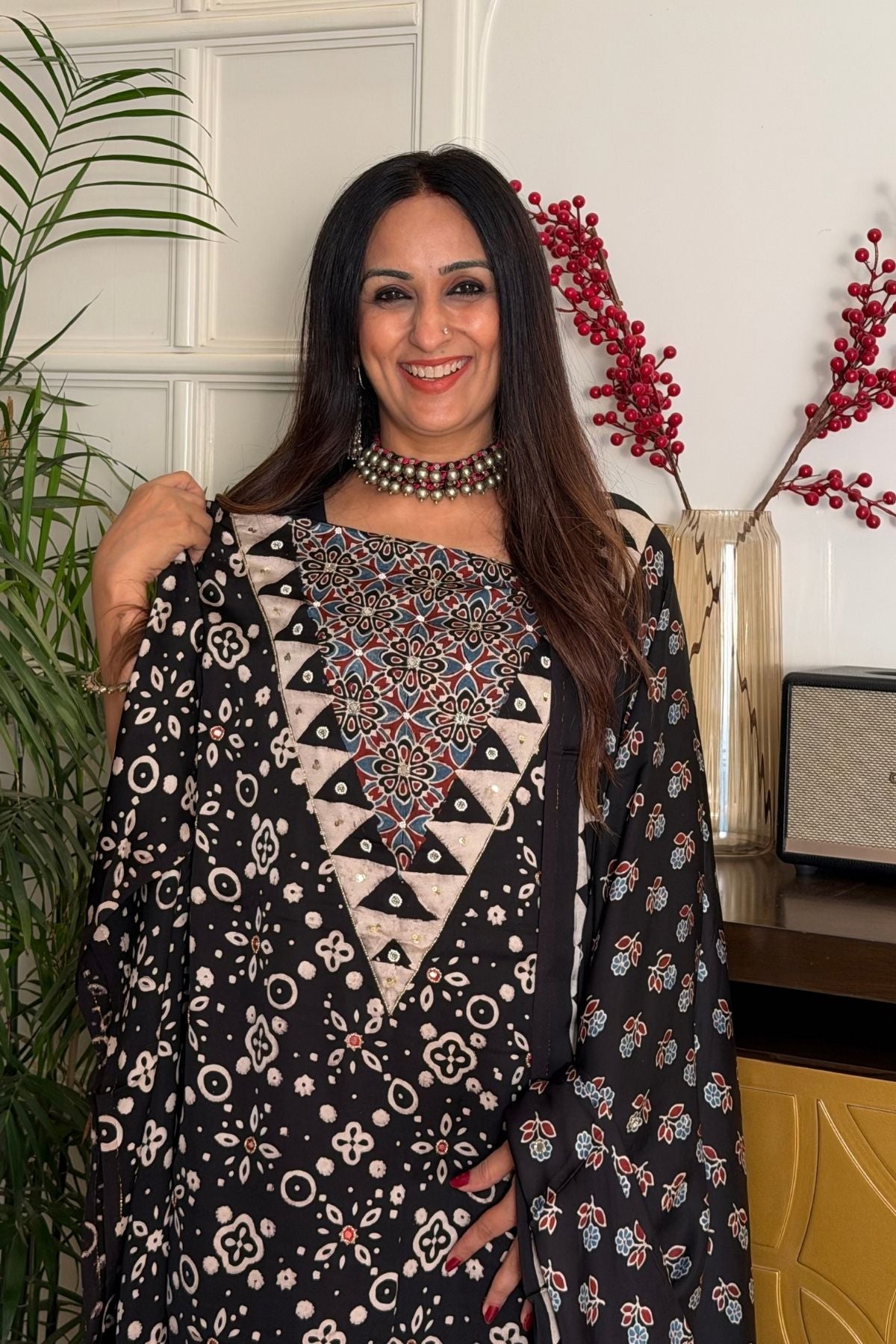 Handblocked Ajrakh kurta dupatta set with very intricate hand embroidery!!
