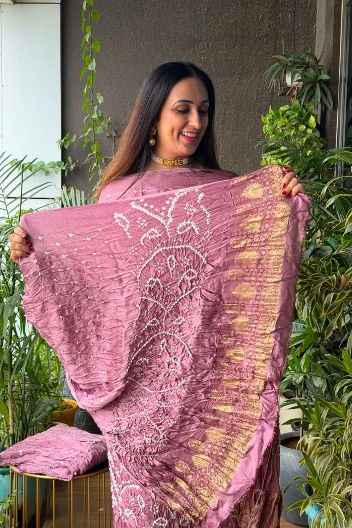 Pure modal silk full set with hand done bandhani and zari weaving!!