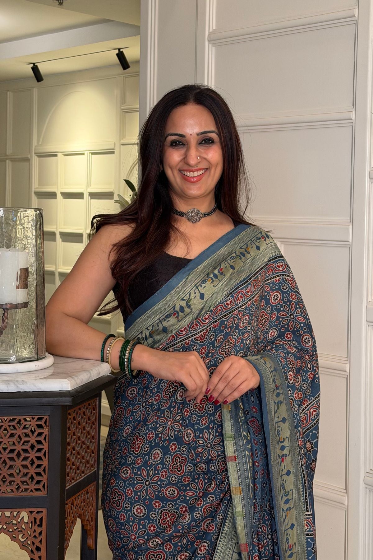 Handblocked Ajrakh with Paithani weave on pure modal saree!!