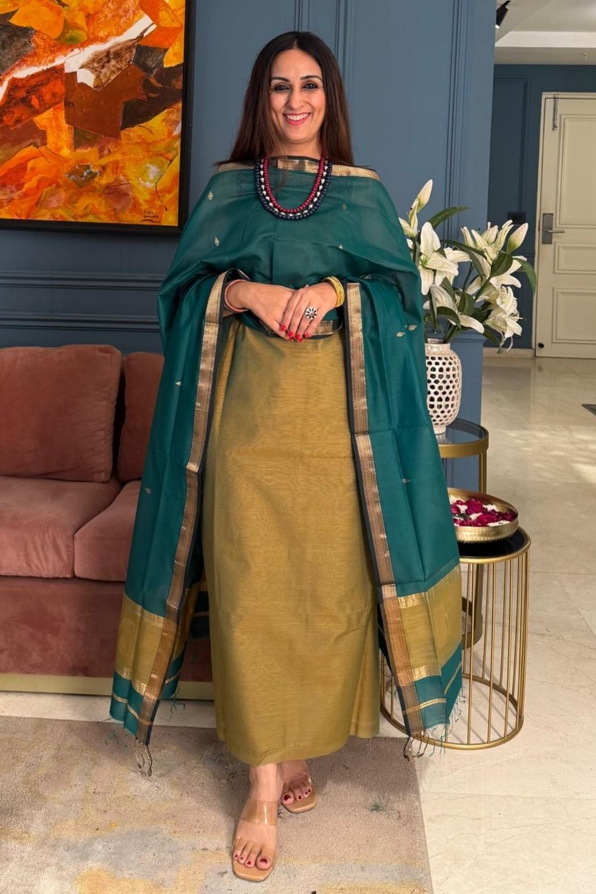 Maheshwari handloom silk by cotton kurta dupatta set