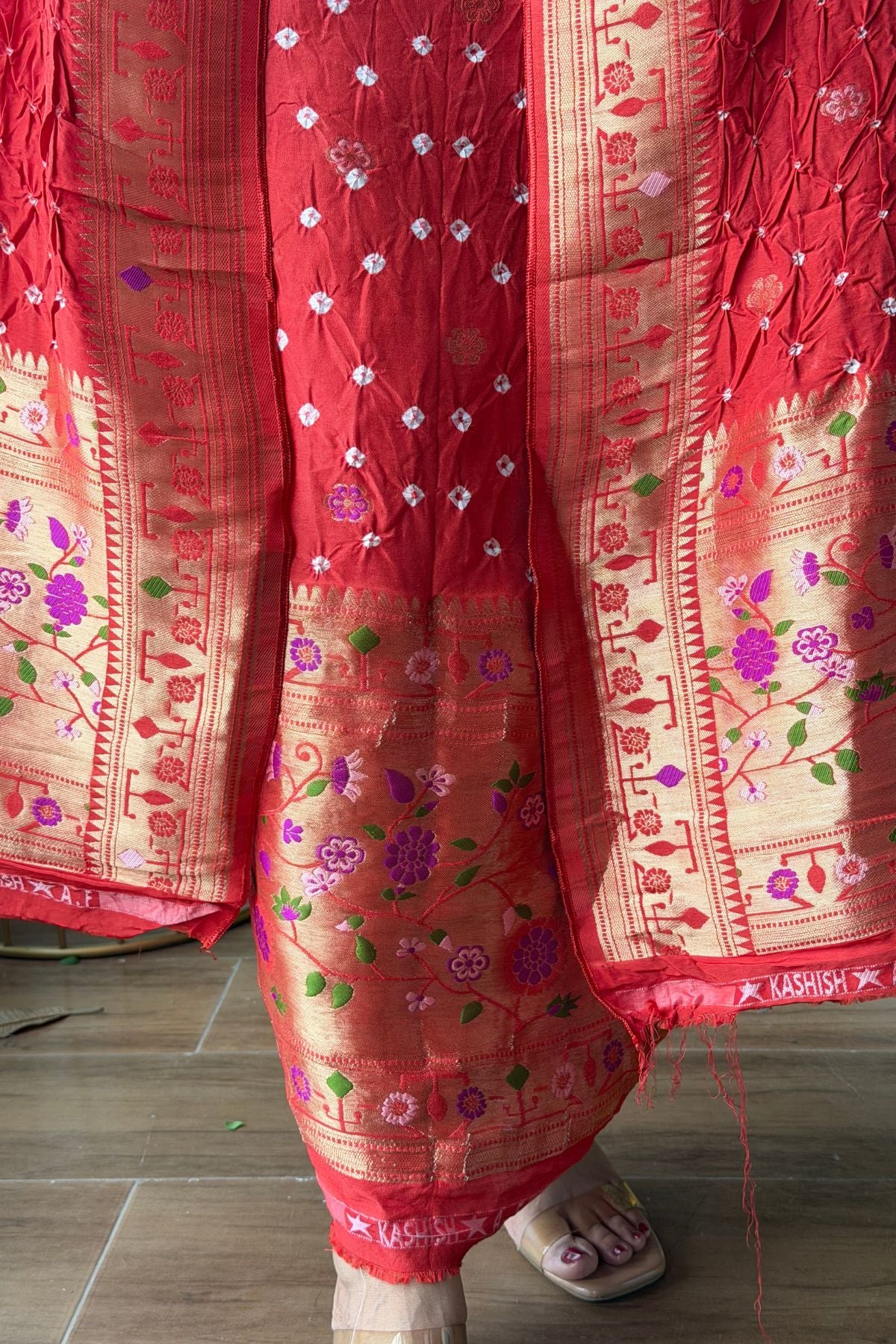 Pure gaji silk full set with hand done bandhani and zari weaving!!