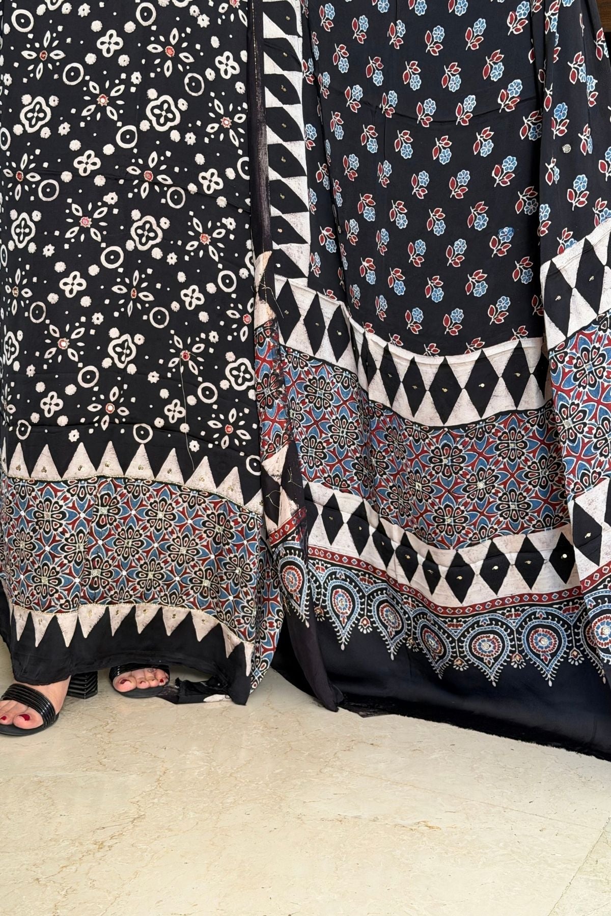 Handblocked Ajrakh kurta dupatta set with very intricate hand embroidery!!