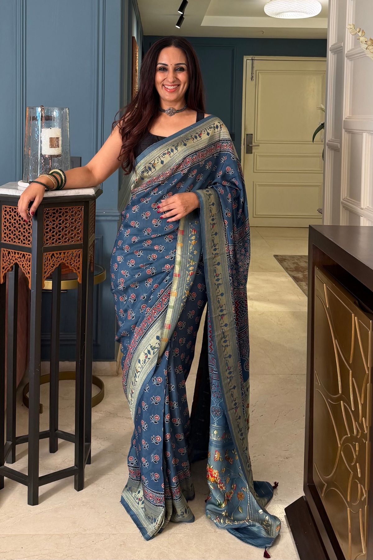 Handblocked Ajrakh with Paithani weave on pure modal saree!!