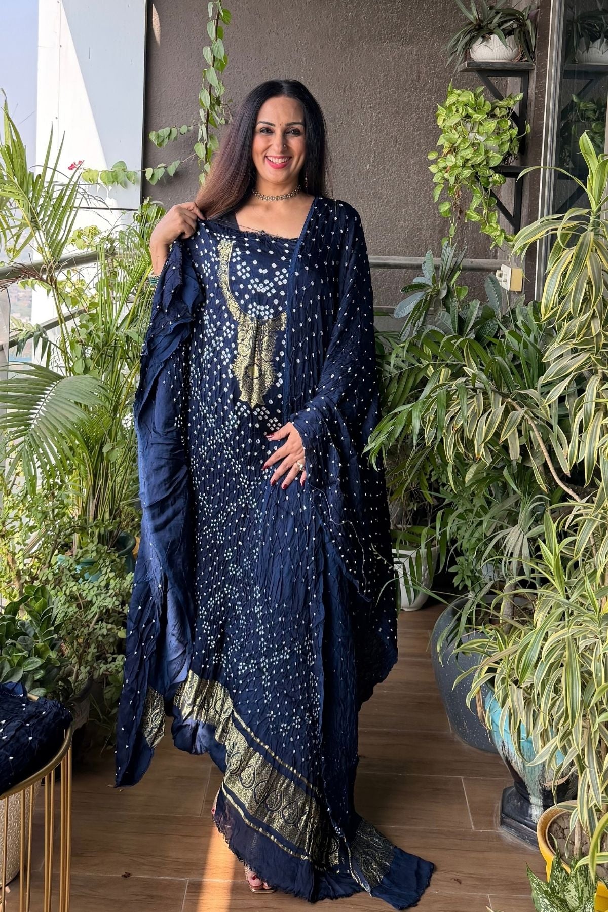 Pure modal silk full set with hand done bandhani and zari weaving!!