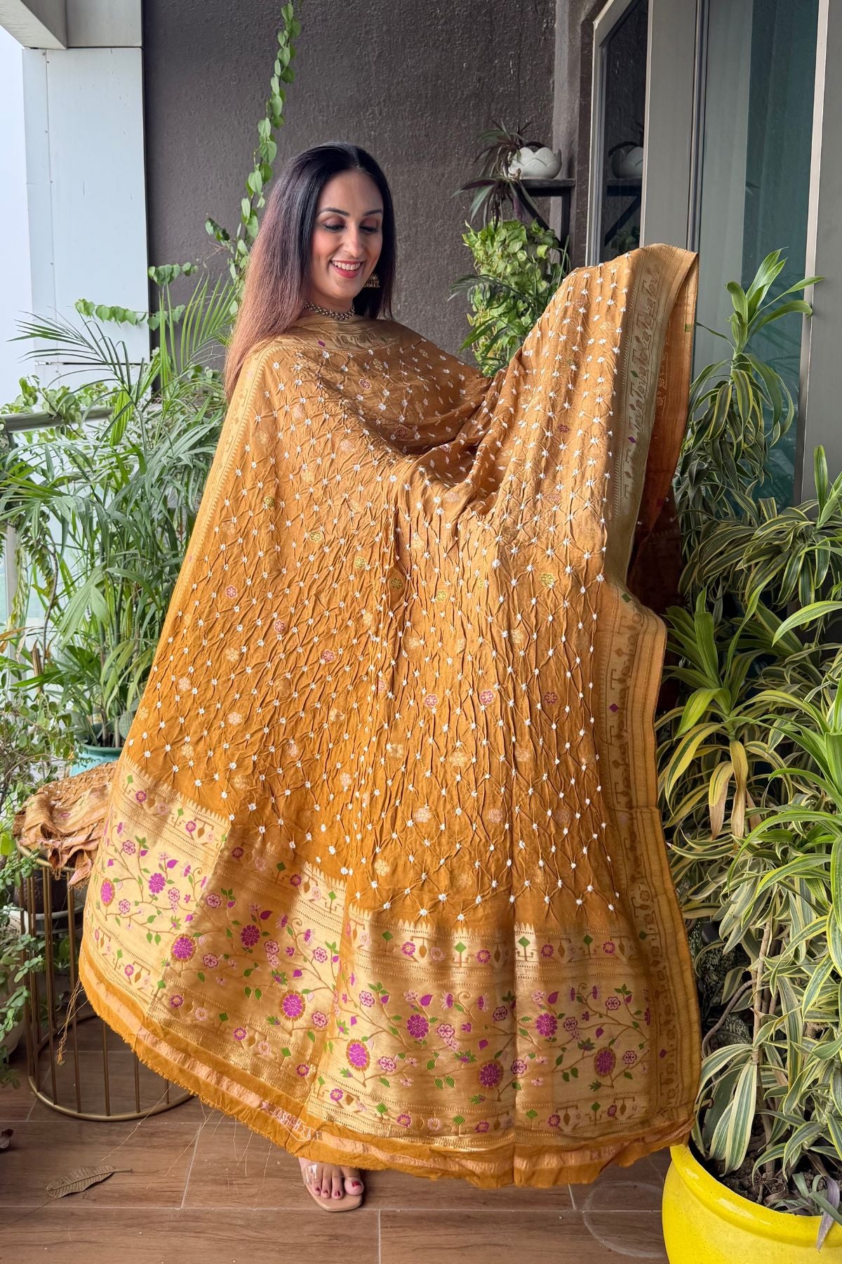 Pure gaji silk full set with hand done bandhani and zari weaving!!