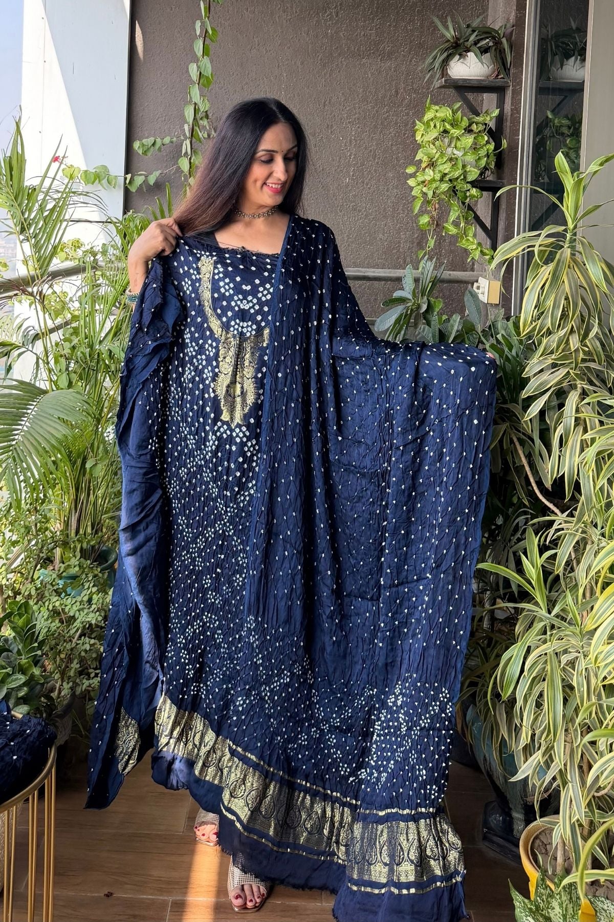 Pure modal silk full set with hand done bandhani and zari weaving!!