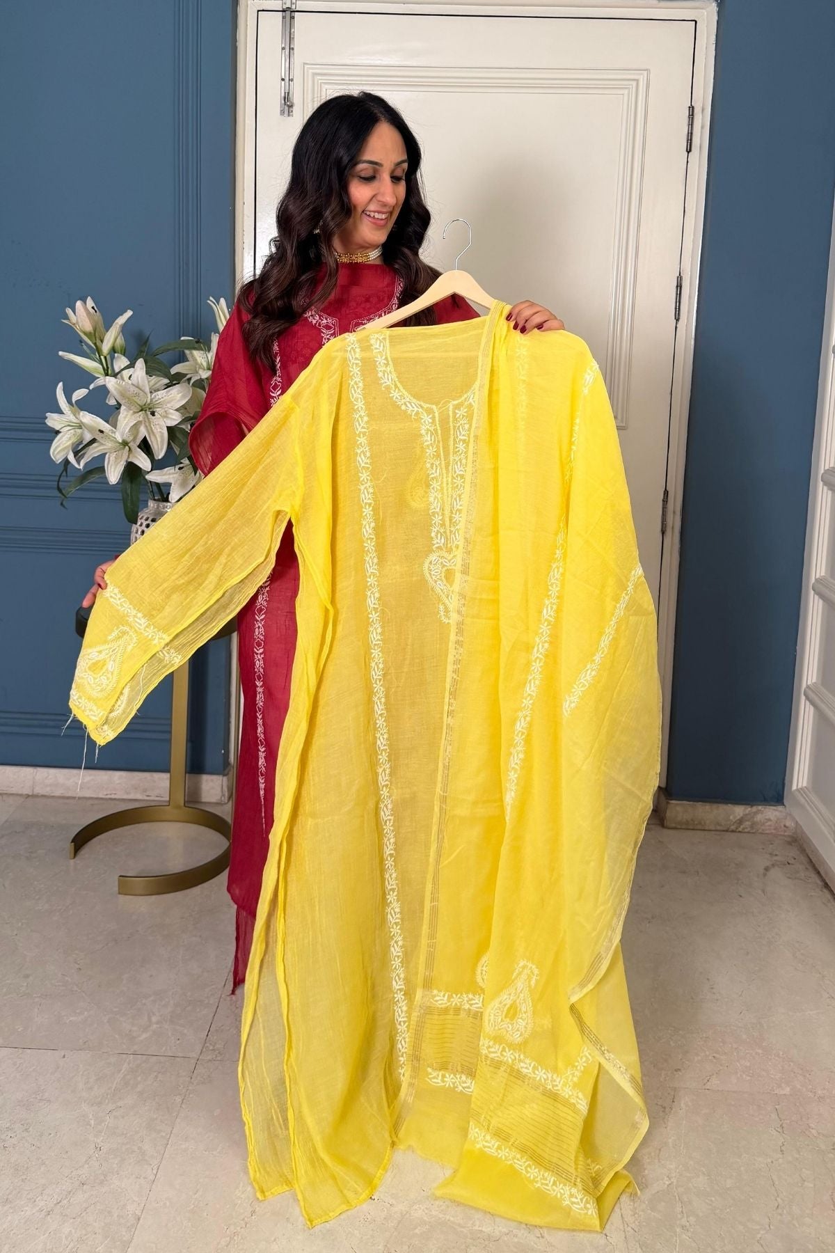 Pure Mul cotton semi stitched Chikankari kurta dupatta set!!!
