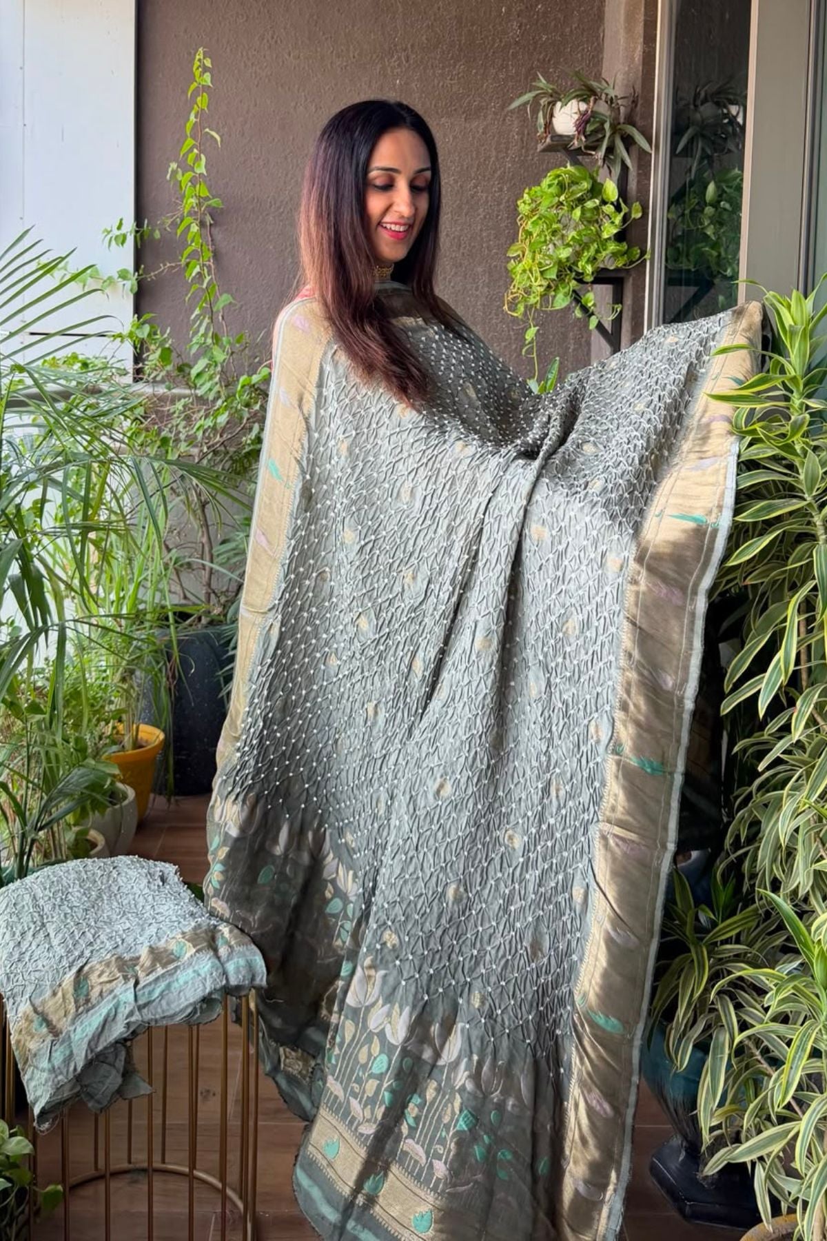 Pure gaji silk full set with hand done bandhani and zari weaving!!