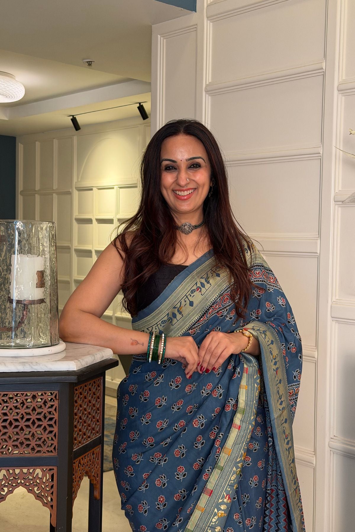 Handblocked Ajrakh with Paithani weave on pure modal saree!!