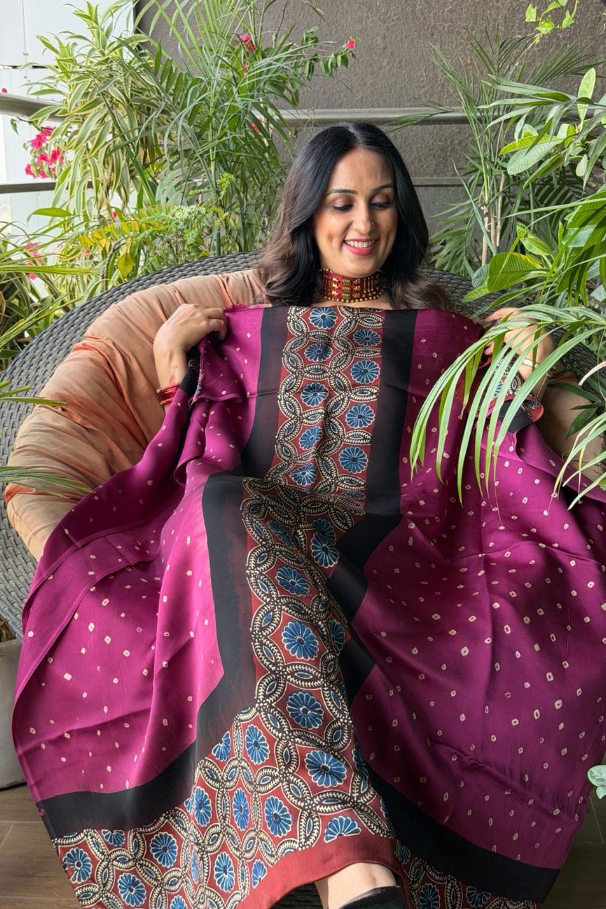 Handblocked Ajrakh Bandhani modal kurta fabric!!!
