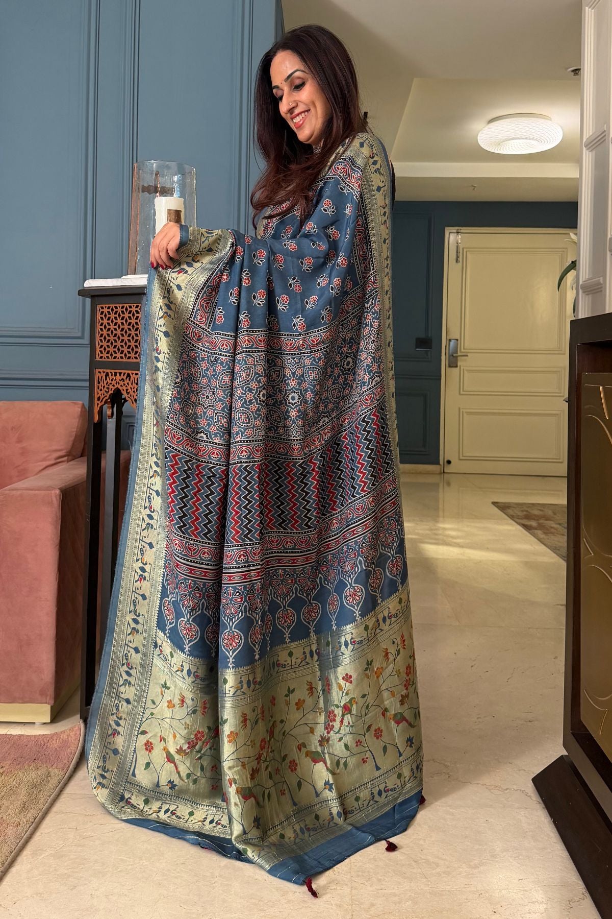 Handblocked Ajrakh with Paithani weave on pure modal saree!!