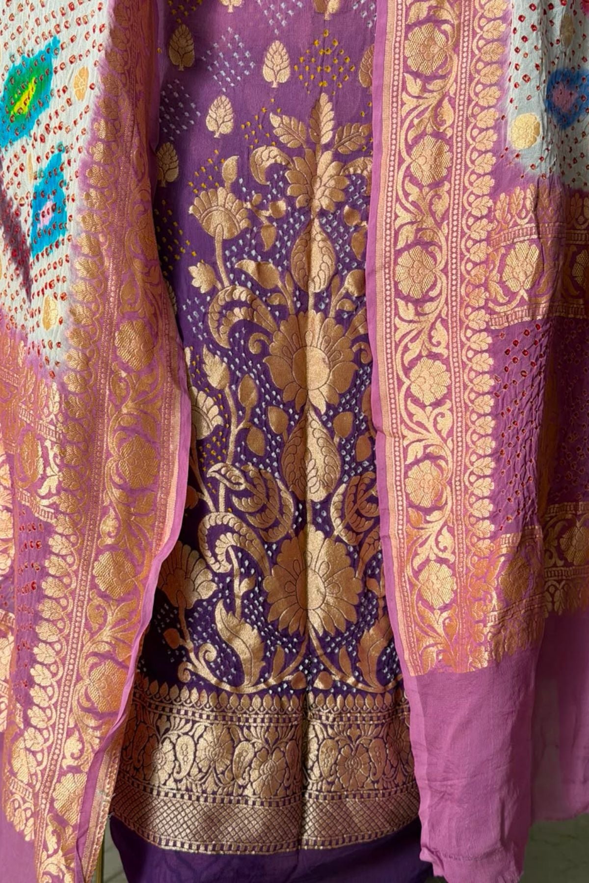 Banarasi khaddi georgette with red Bandhani full set!!!