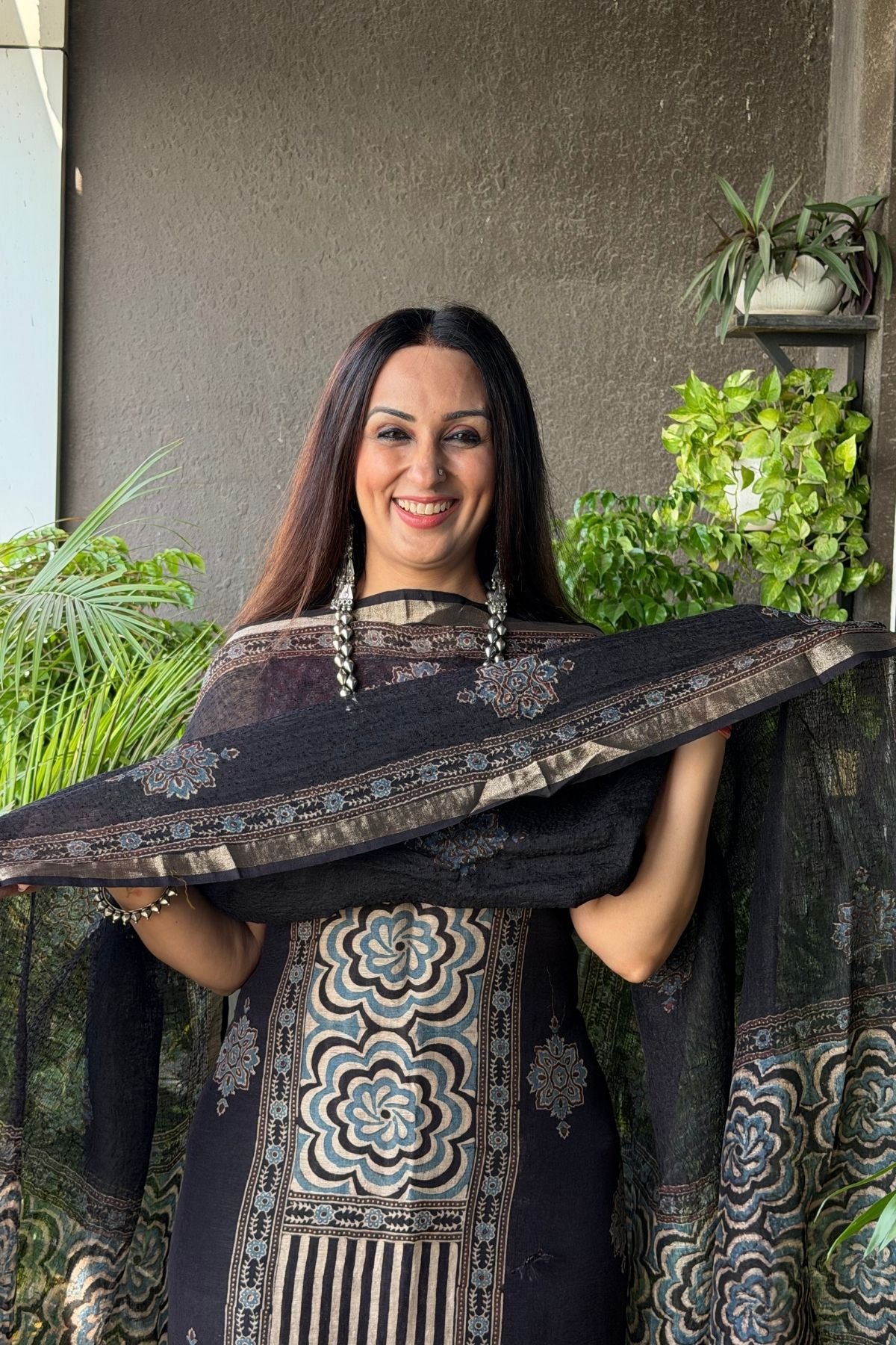 Ajrakh On Pure Linen Silk