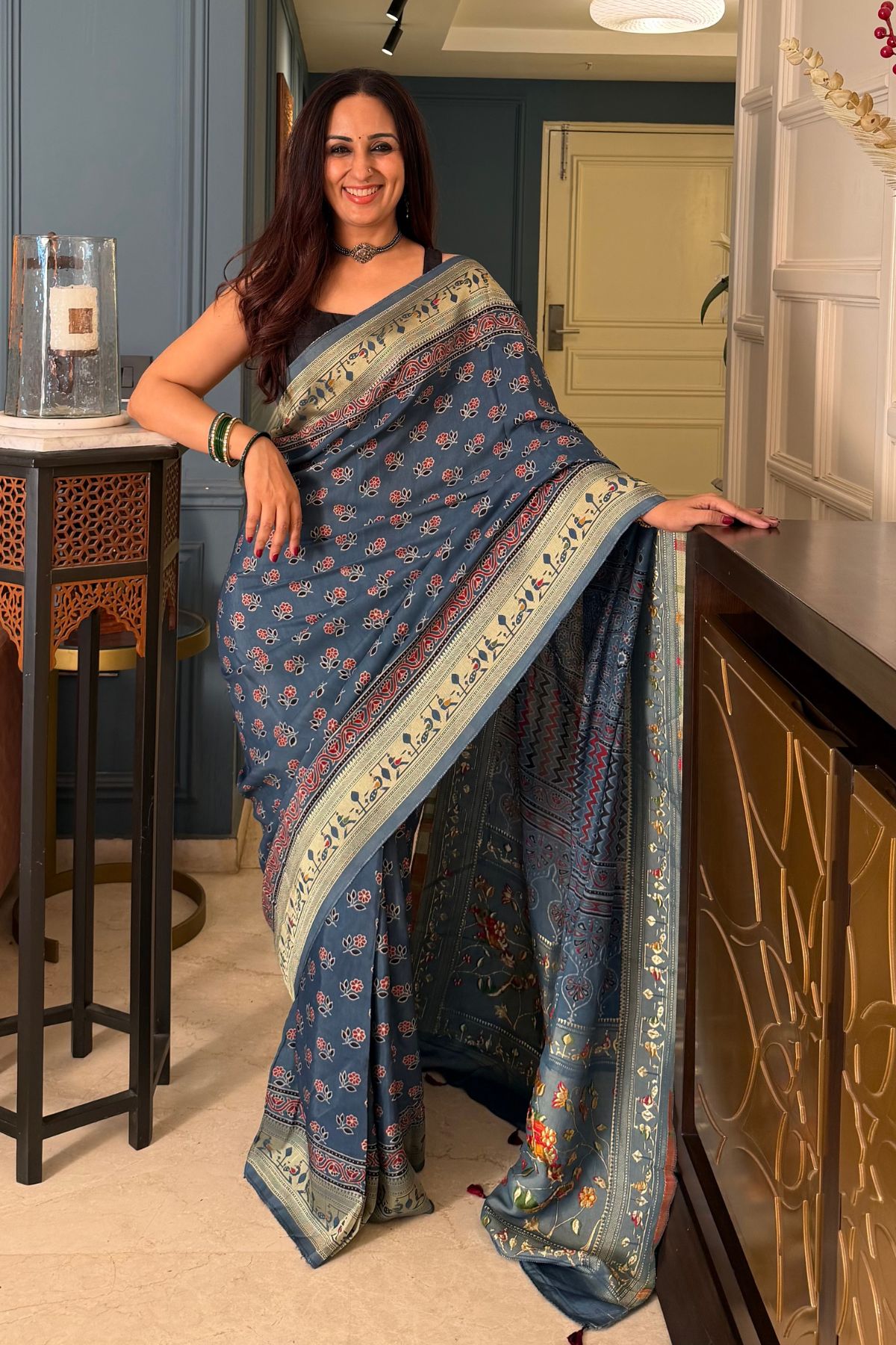 Handblocked Ajrakh with Paithani weave on pure modal saree!!