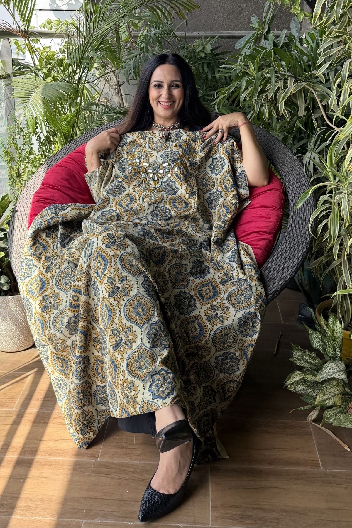 Handblocked pure cotton kurta with Kutch mirror work embroidery!!