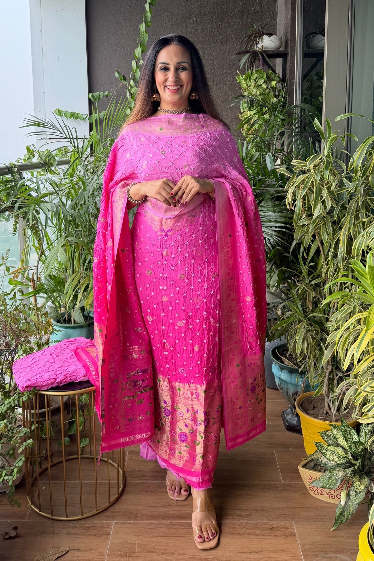 Pure gaji silk full set with hand done bandhani and zari weaving!!
